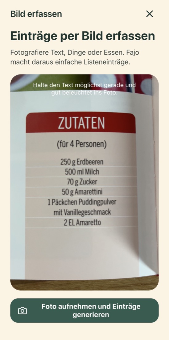 Fajo App mit Kameraansicht zum Erfassen einer Zutatenliste per Bild